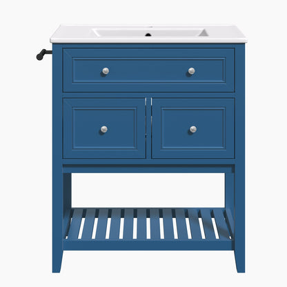 30" Navy Blue Bathroom Vanity with Ceramic Sink – Freestanding Storage Cabinet with Tip-Out Drawer, 2 Drawers & Open Slatted Shelf, Reversible Side Towel Rack, Silver Handles, MDF
