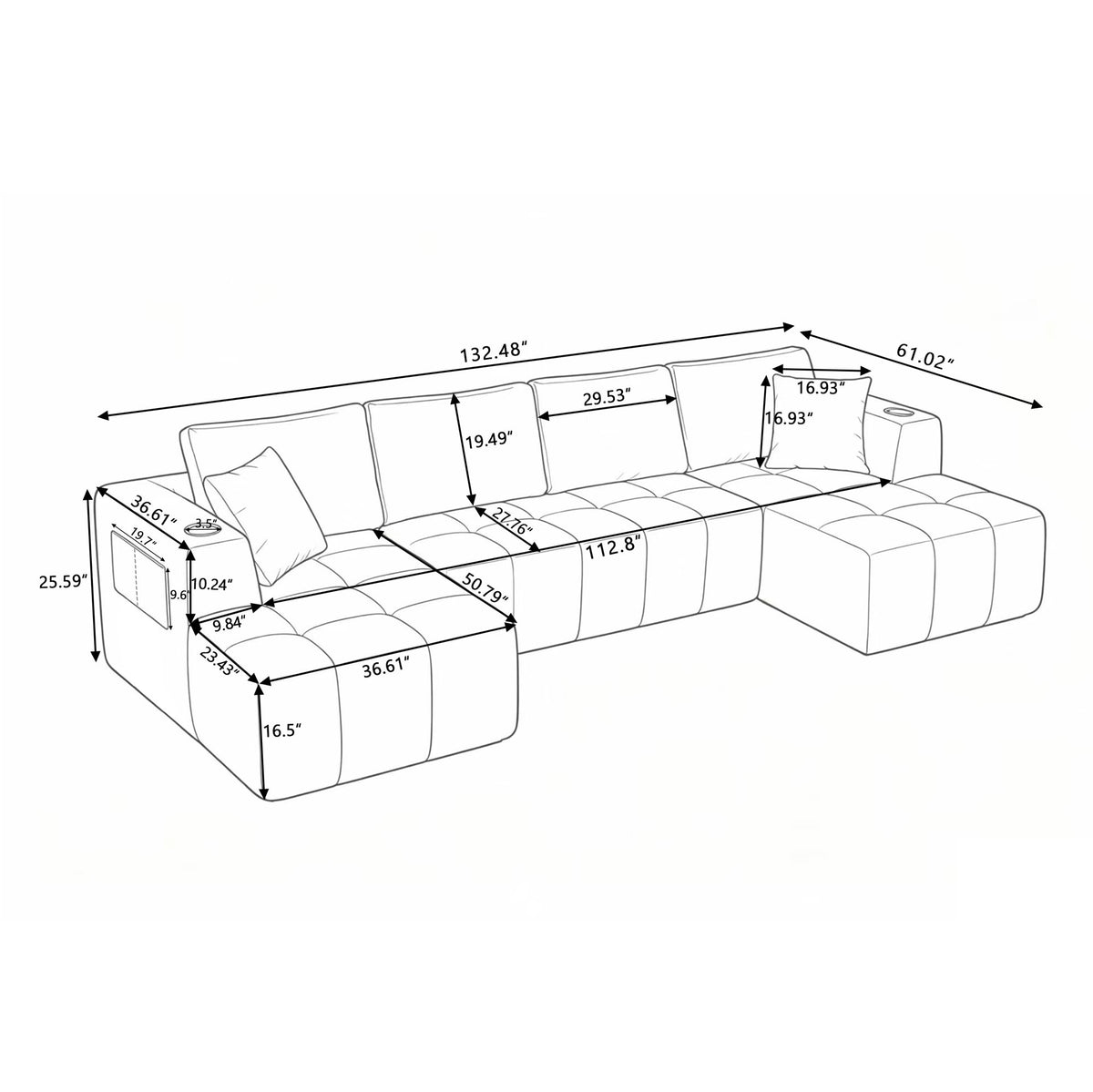 132" U-Shaped Chenille Sectional Sofa, Cloud Style Boneless Sofa with Lounges, Modern Upholstered Couch with Cup Holders & Side Pockets, Compression Sofa for Living Room, No Assembly Required,Black