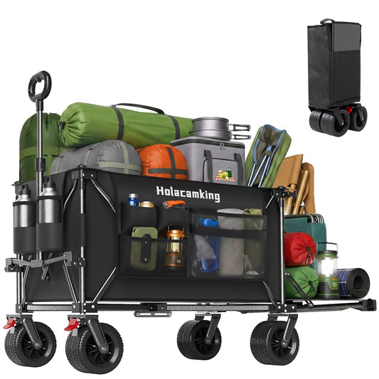 58" L Foldable Wagon with Extended Tailgate, Extra Long Extender Wagon Cart, Heavy Duty 500LBS with All-Terrain Big Wheels for Camping Shopping Sports Beach, Black