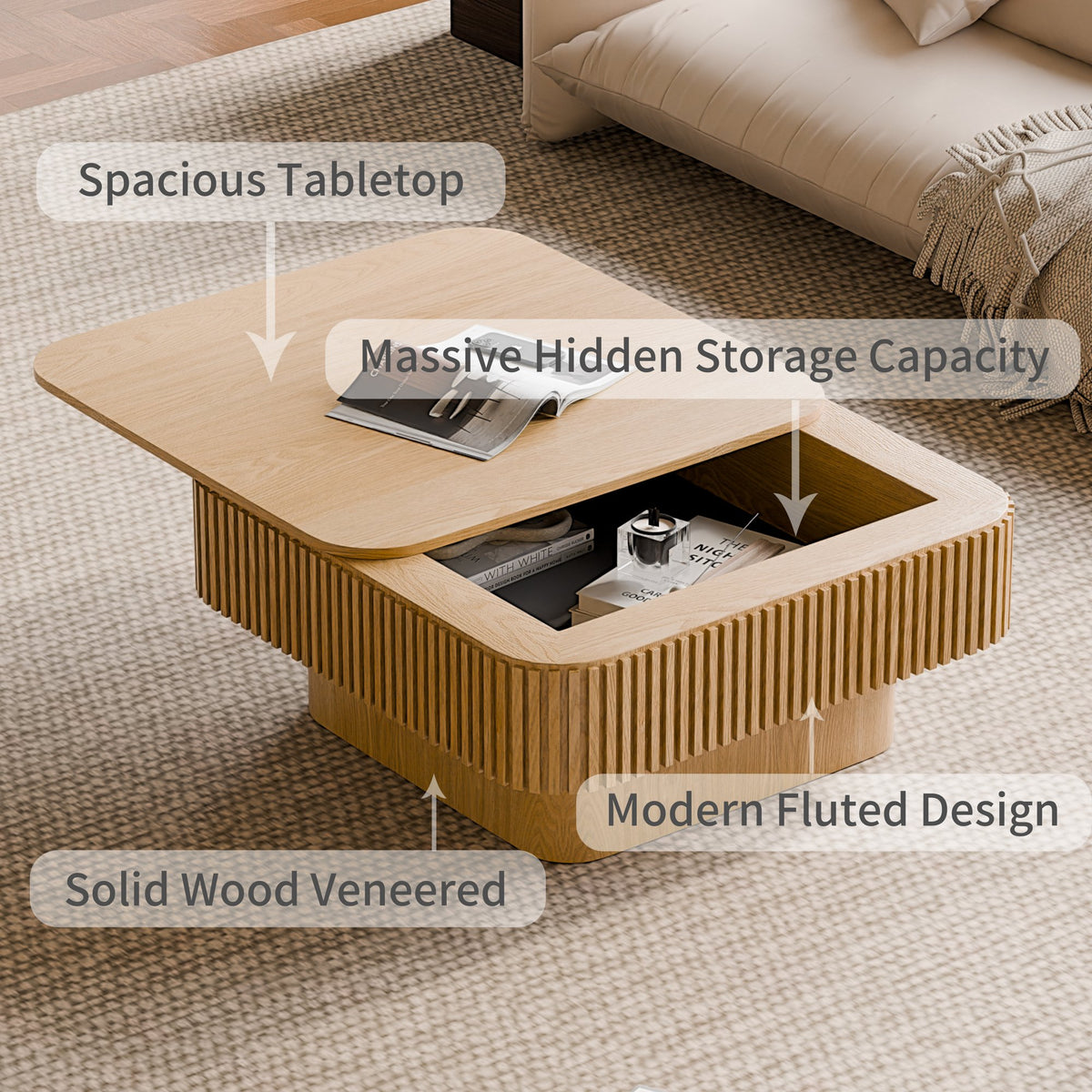 31.5'' Square Coffee Table with Storage Solid Wood Veneered Modern Coffee Table Accent Tea Table, Apartment or Office, Natural Wood