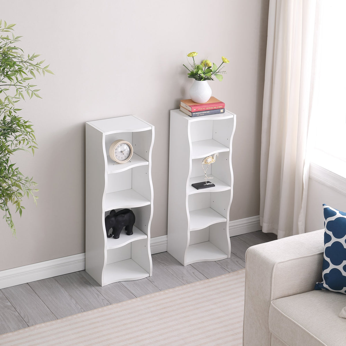 8-layer adjustable shelf ultra-thin bookshelf with a wavy border design, which is more aesthetically pleasing – White