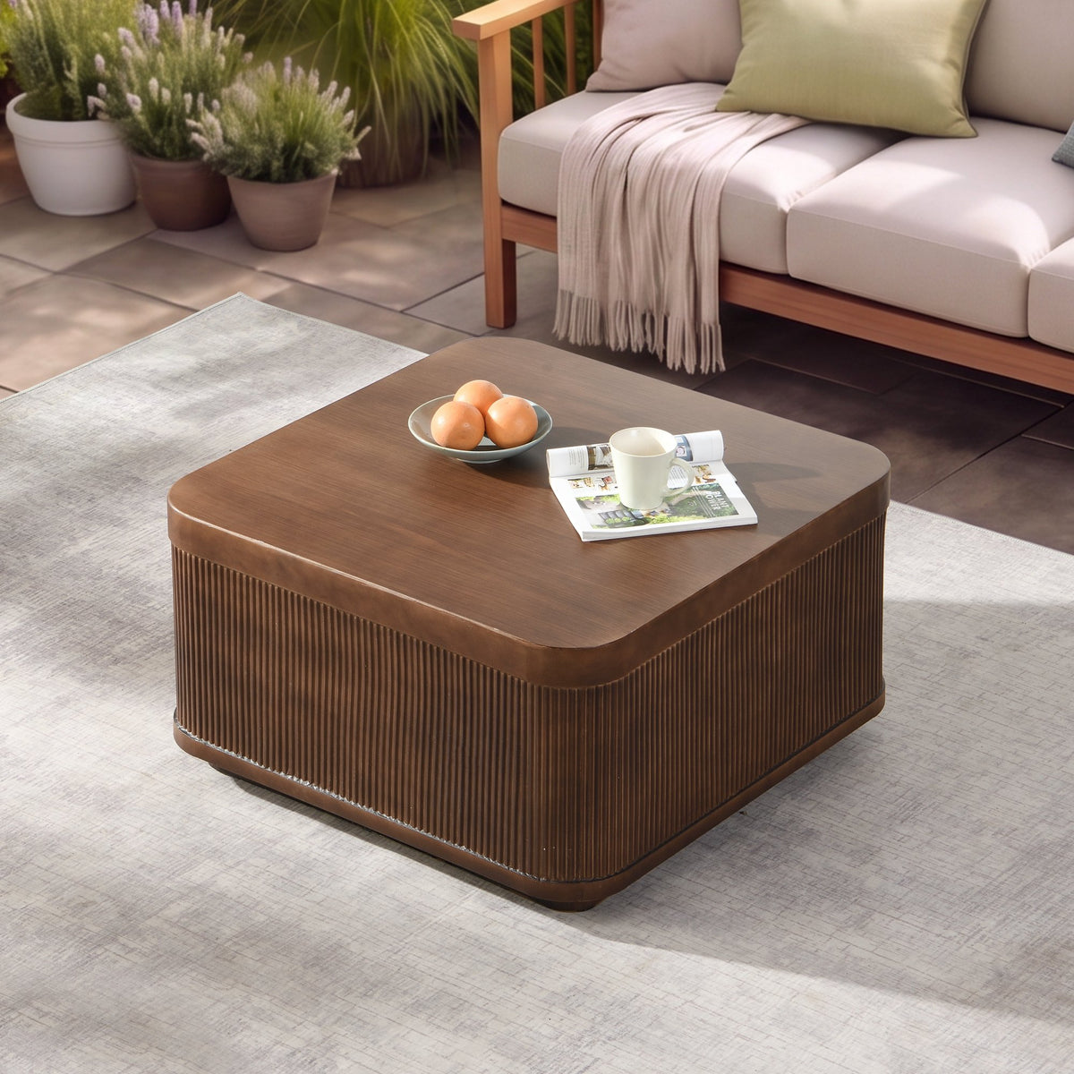 32"Modern Square Outdoor and Indoor Striped Waterproof Coffee Table, Durable MgO Cement Design, Suitable for Terraces, Gardens, Backyards and Living Rooms(Brown)
