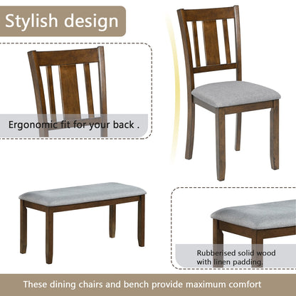 6PCs Kitchen Dining Set, Rectangular Wooden Dining Table with 4 Upholstered Chairs and a Bench, Dining Table Set for 6 People, Walnut