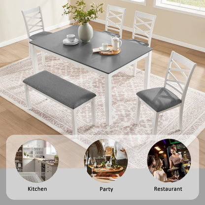 6-Piece Dining Table Set with Bench, Wood Dining Table Set for 6, Modern 6-Person Dining Table Set, Grey & White two tone