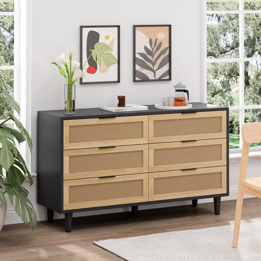 51.18" 6-Drawers Rattan Storage Cabinet Rattan Drawer with White Drawer Slides, Black