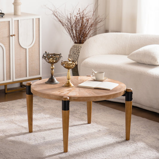 36.22" Round Radial Grain Coffee Table - Solid Wood & MDF Rustic Coffee Table with Black Accent Legs, Natural Wood Finish for Living Room
