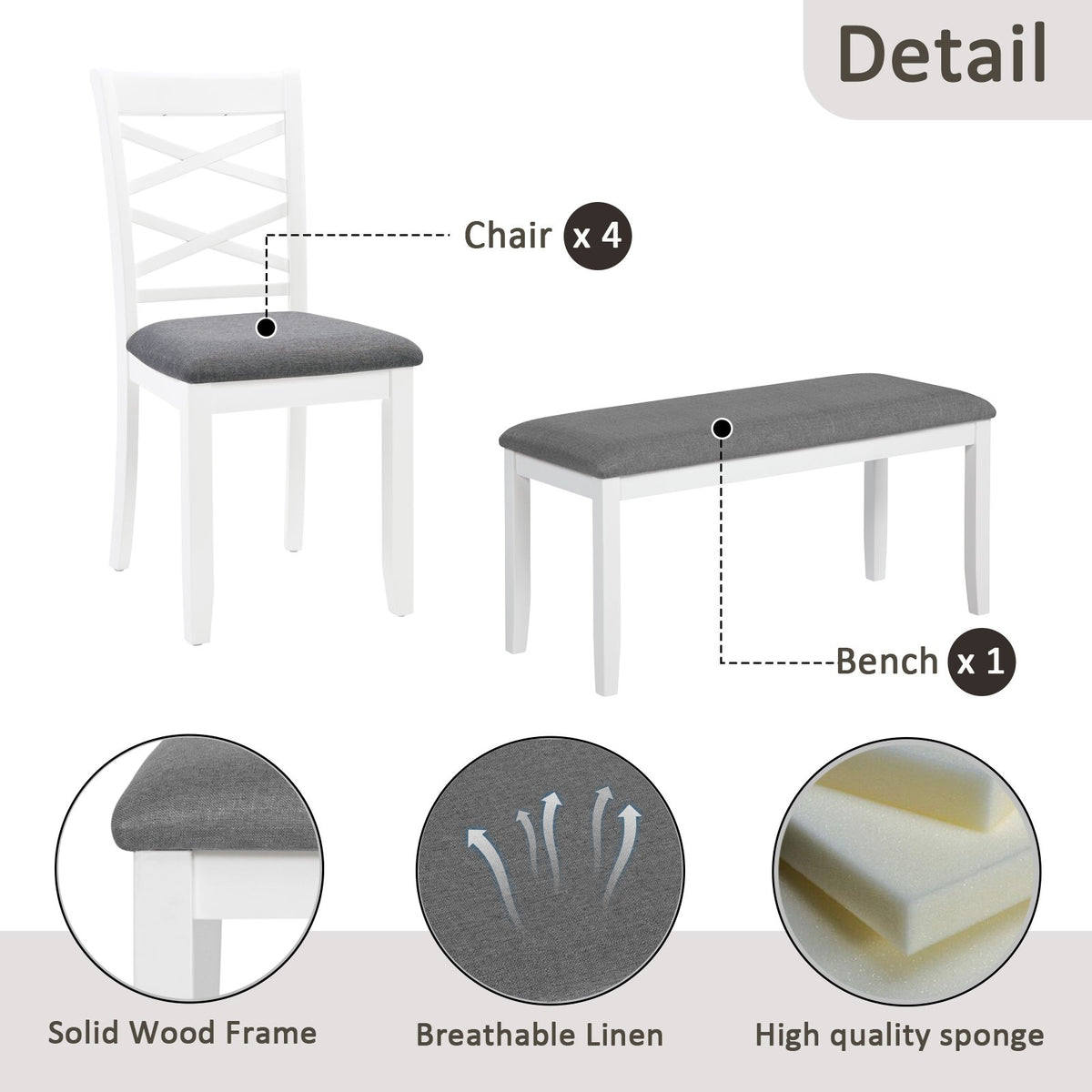 6-Piece Dining Table Set with Bench, Wood Dining Table Set for 6, Modern 6-Person Dining Table Set, Grey & White two tone