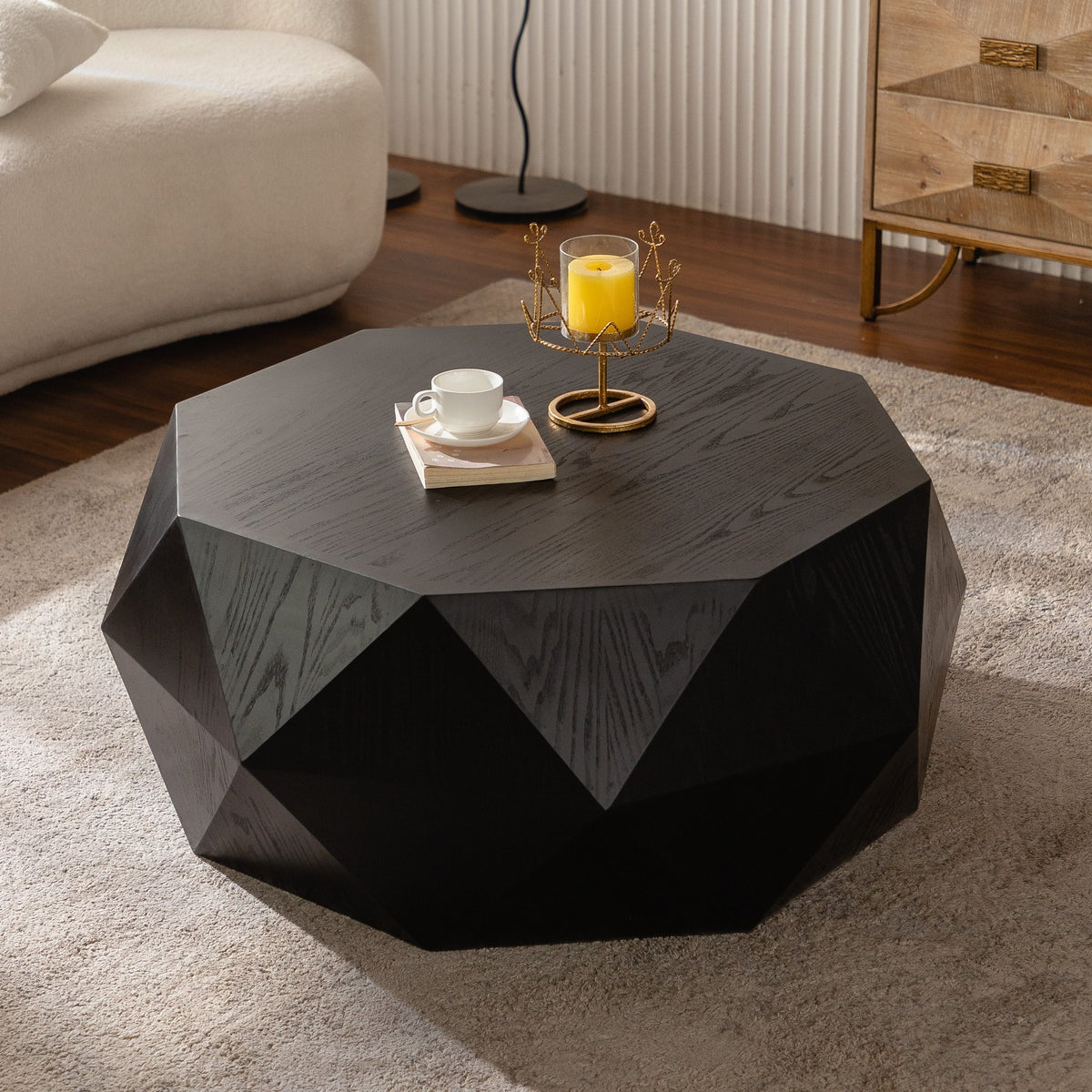 38"Three-dimensional Embossed Pattern Design American Retro Style Coffee Table,Black Tabletop