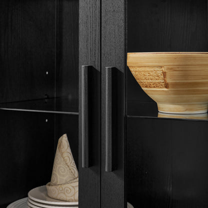 A high arched storage cabinet with a lamp, a modern retro-style wooden storage cabinet with adjustable glass partitions, suitable for use as a multi-functional cabinet in kitchens-Black