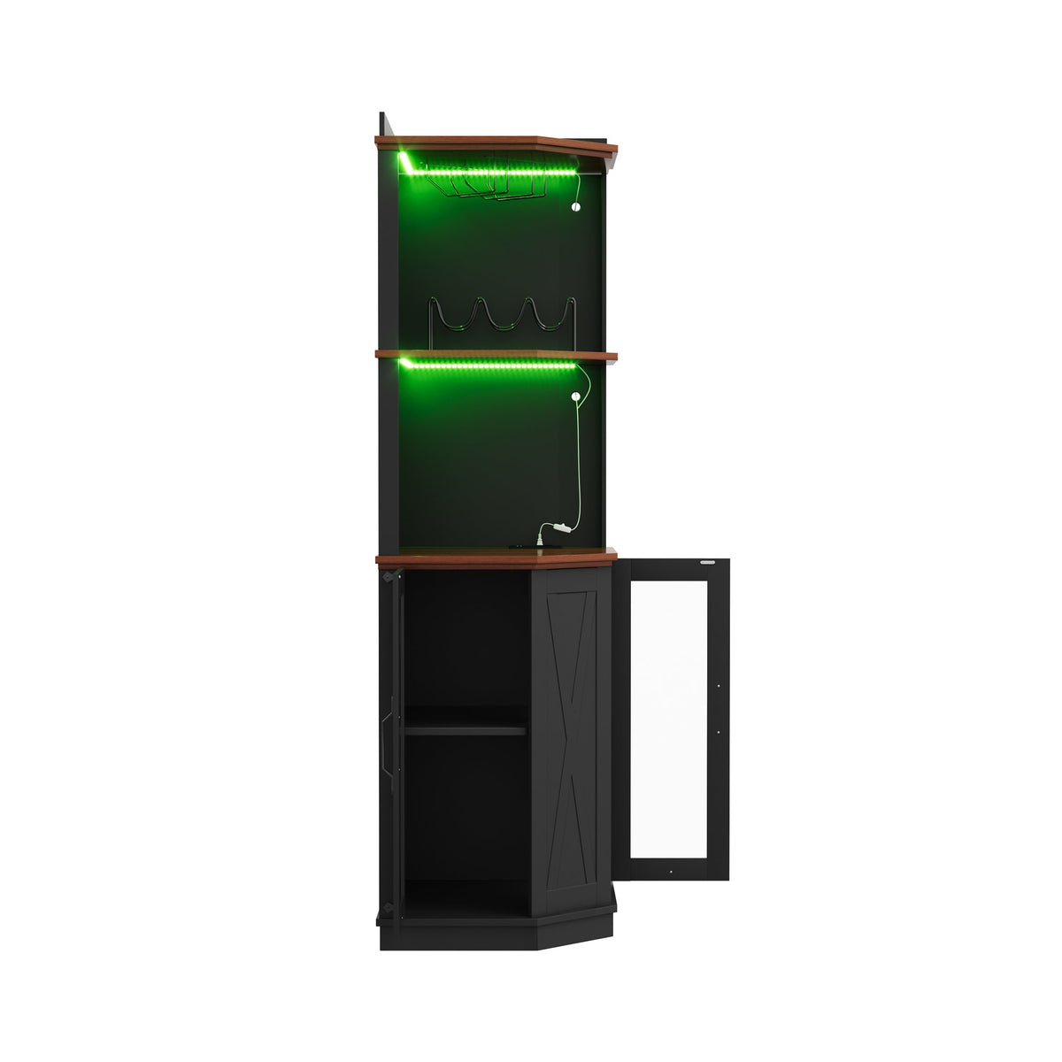 67.3" Corner Bar Cabinet with Power Outlet, Farmhouse Wine Bar Cabinet with Adjustable Shelves for Home,with Lights & Glass Rack for Dining Room, Living Room, Kitchen