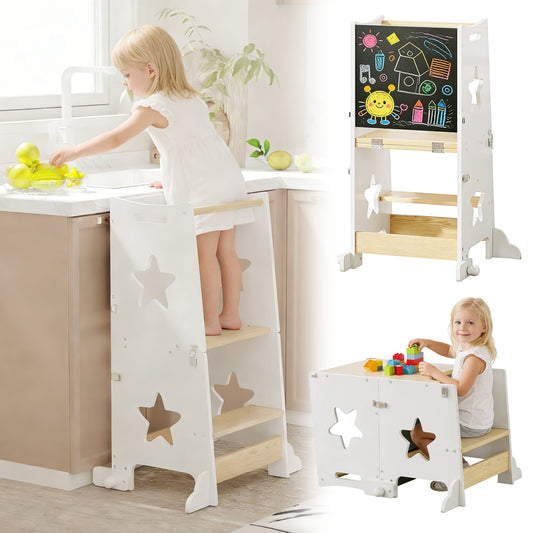 3-in-1 Toddler Kitchen Step Stool, Foldable Learning Standing Tower with Blackboard, Wooden Kitchen Stool Helper