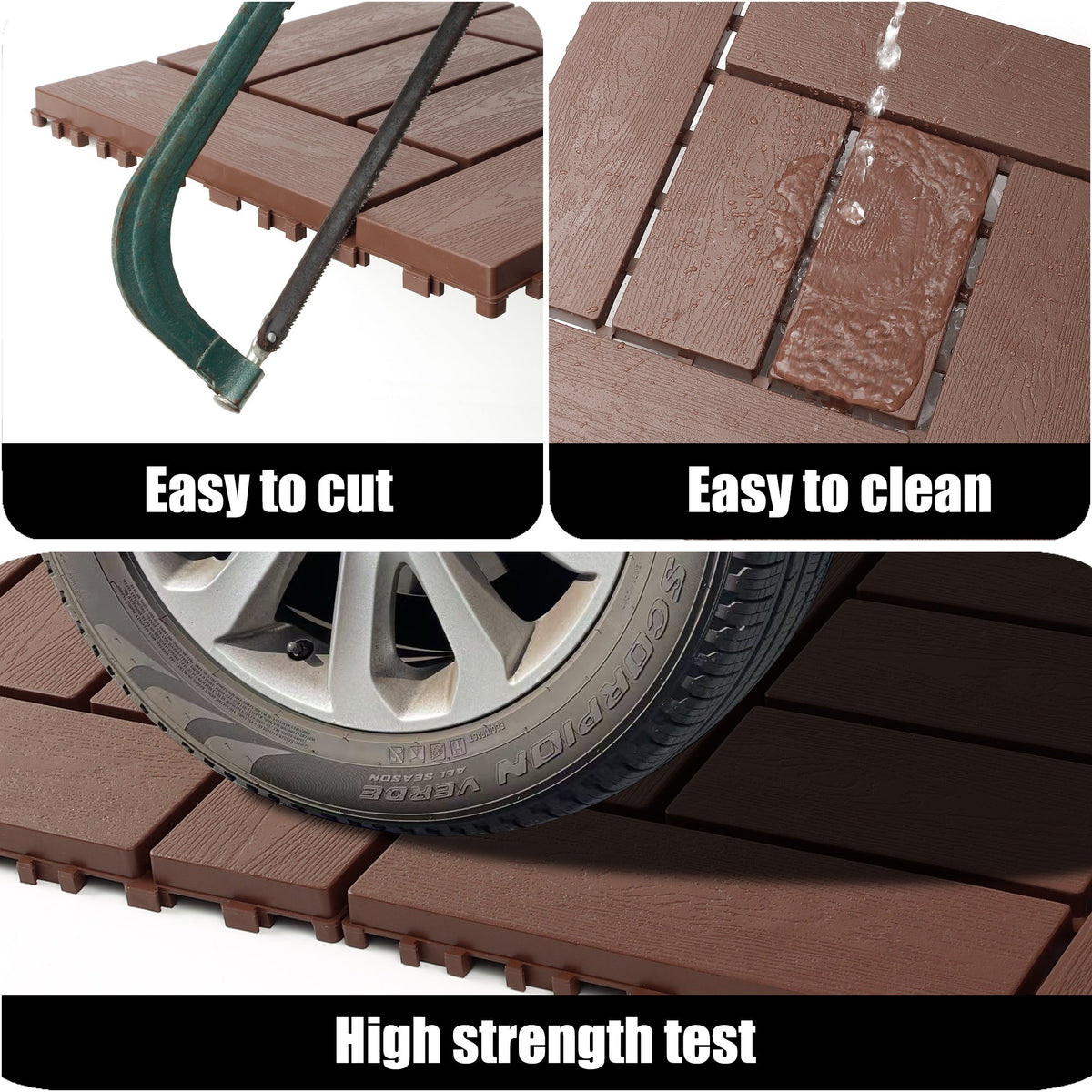 12-inch ZZ style interlocking deck tiles, DIY modular interlocking decking floor tiles, indoor and outdoor floor tiles, courtyard floor tiles that easy to install quickly ,44 pieces, Brown