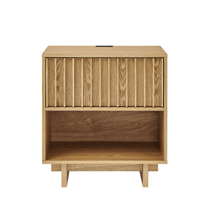 23.4" Mid Century Modern Grille Slat Nightstand with Hidden Charging Station USB Ports & Outlet Hole, Farmhouse End Table with Open Space and Drawer Dresser, Natural