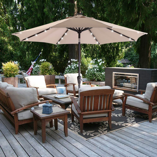 9Ft Patio Umbrella with 32 LED Solar Lights(Light Tan)