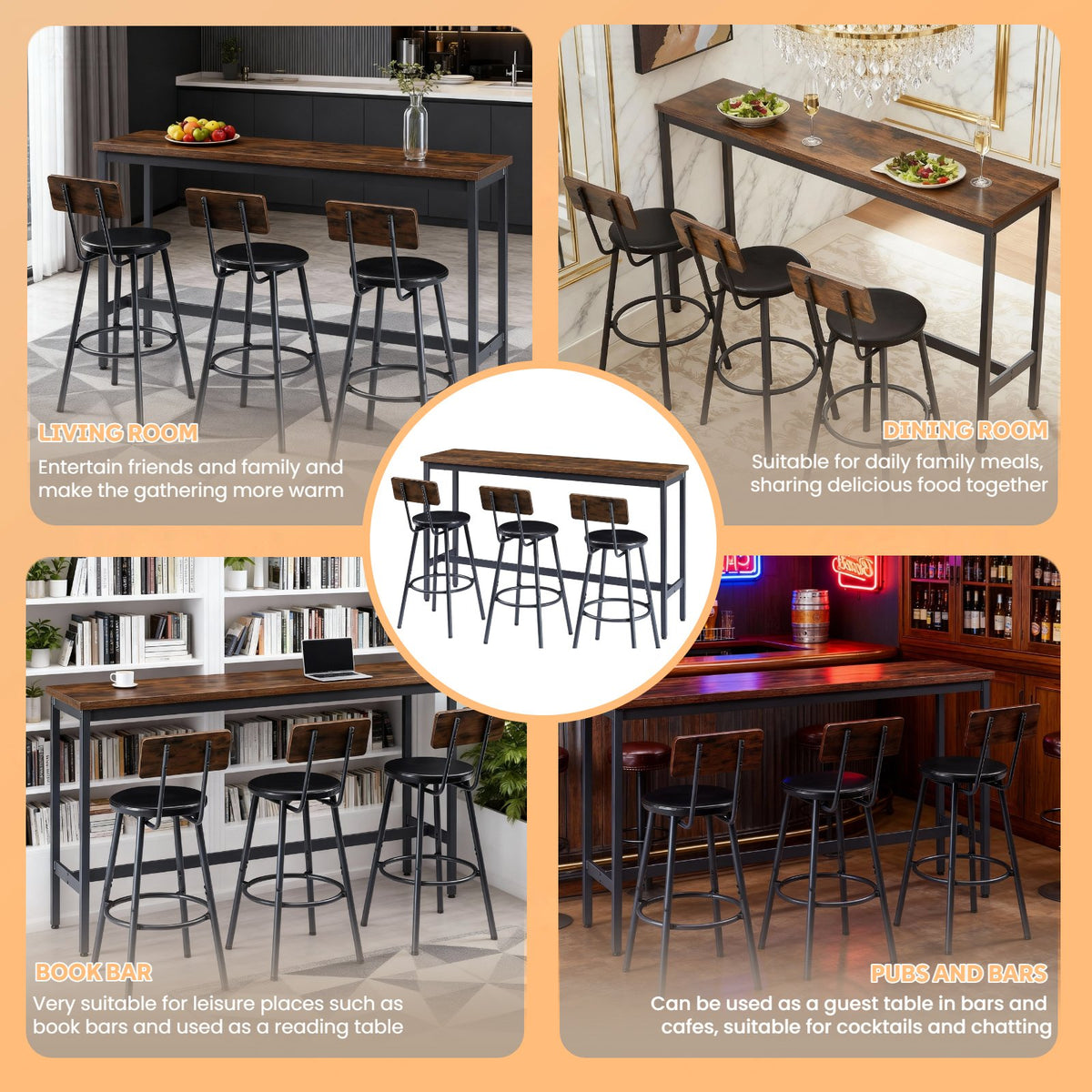 Bar Table and Chairs Set for 3, 4 Piece Industrial Dining Table Set with 3 PU Upholstered Bar Stools, Bar Table Set, Small Space Corner