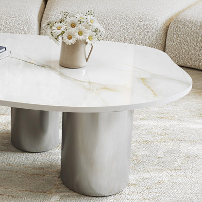 49.2" Free Form Faux Marble Coffee Table, Modern Minimalist Living Room Center Table with Stainless Steel Sphere & Cylinder Legs