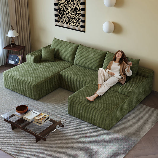 107"Cloud Sectional Sofa with 1 Ottoman,Modern Minimalist Upholstered Couches,Comfort U Shaped Sofa for Living Room,Deep Seat Corner Couch,No Assembly Required (Plush Corduroy Fabric),Green