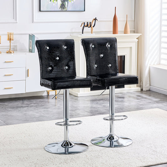 A set of 2 black vintage crocodile leather lift bar chairs, featuring crystal clasp design and synthetic leather design, adding a touch of elegance and mystery to the dining area
