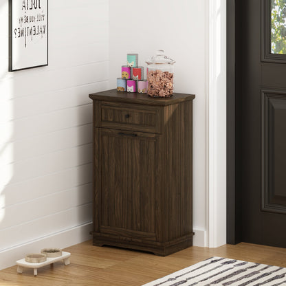 10 Gallon Tilt Out Trash Cabinet Freestanding Trash Bin Cabinet Wood Garbage Recycling Cabinet with Hideaway Drawer Pet Proof Trash Can Holder for Kitchen Living Room, Antique Brown (not include can)