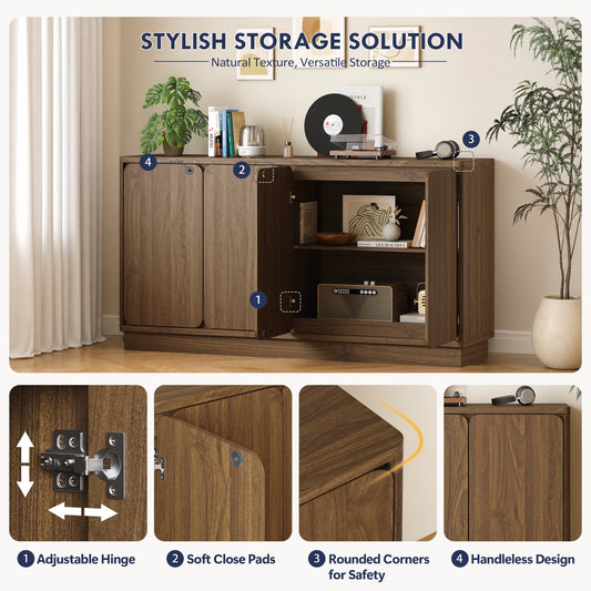 59.1 Inch Walnut 4-Door Sideboard Buffet Cabinet, Particle Board Storage Credenza with Adjustable Shelves, Wide Console Storage Cupboard for Dining Room, Kitchen, Living Room & Entryway
