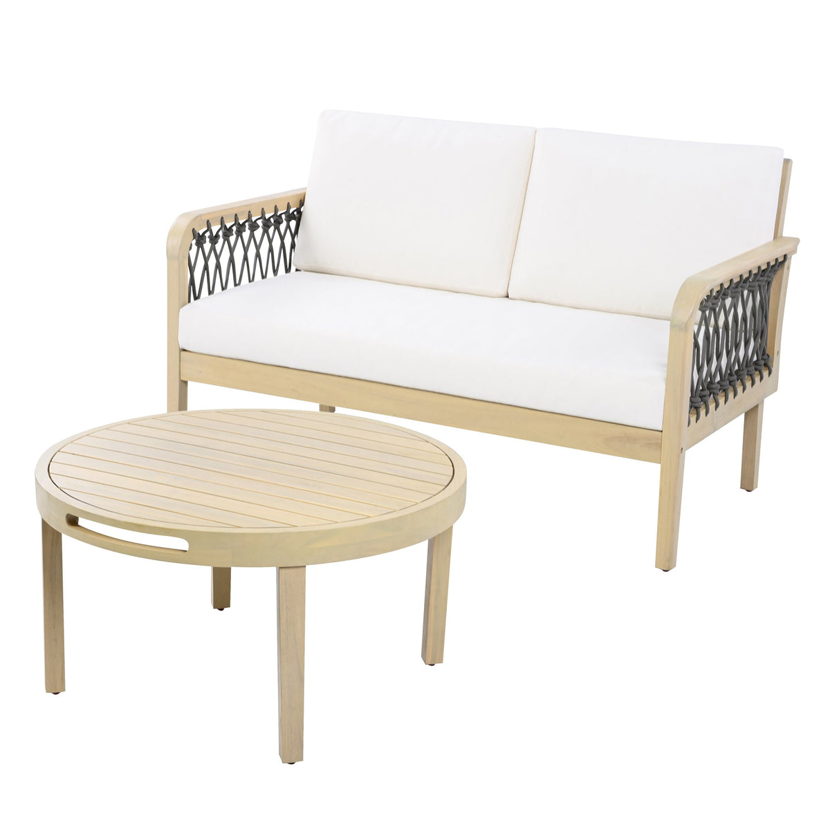 4-Piece Acacia Wood Outdoor Patio Furniture Set, All-Weather Conversation Sofa Set with Rope Woven Armrests, Removable Cushions for Backyard Garden,Light teak+Dark grey rope+Cream cushion