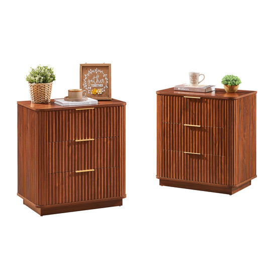 3 Drawers Nightstand Set of 2, 23.6'' Wide Modern Chest of Drawers Curved wave Design, Wood Drawer Organizer, Walnut