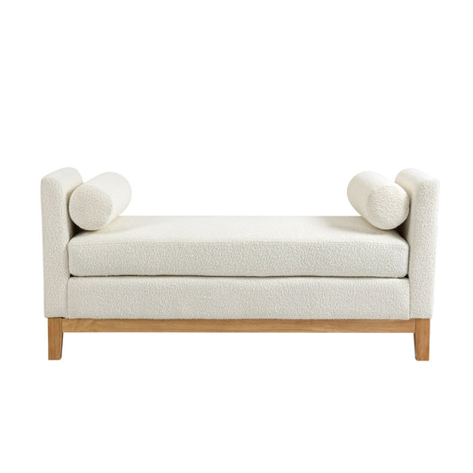54.3" W Elegant Upholstered Bench, Ottoman with Wood Legs & 2 Bolster Pillows for End of Bed, Ivory