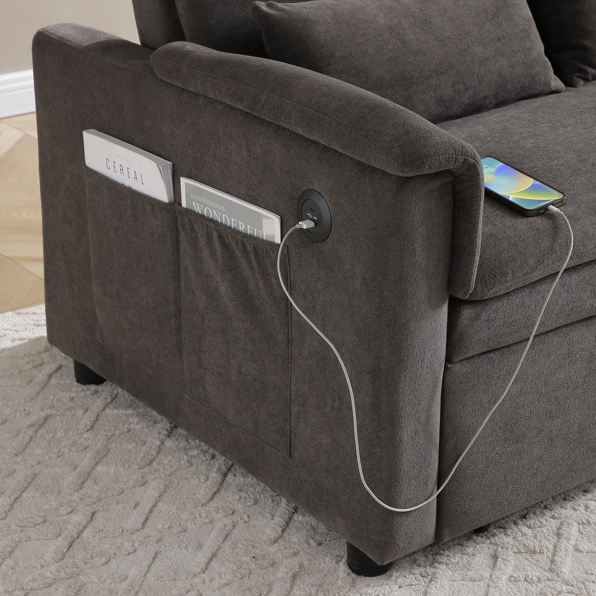 55" Velvet Two Seater Pull Out Sofa Bed, Adjustable Backrest With USB Ports, Two Side Pockets, 3 in 1 Convertible Sleeper Sofa Bed