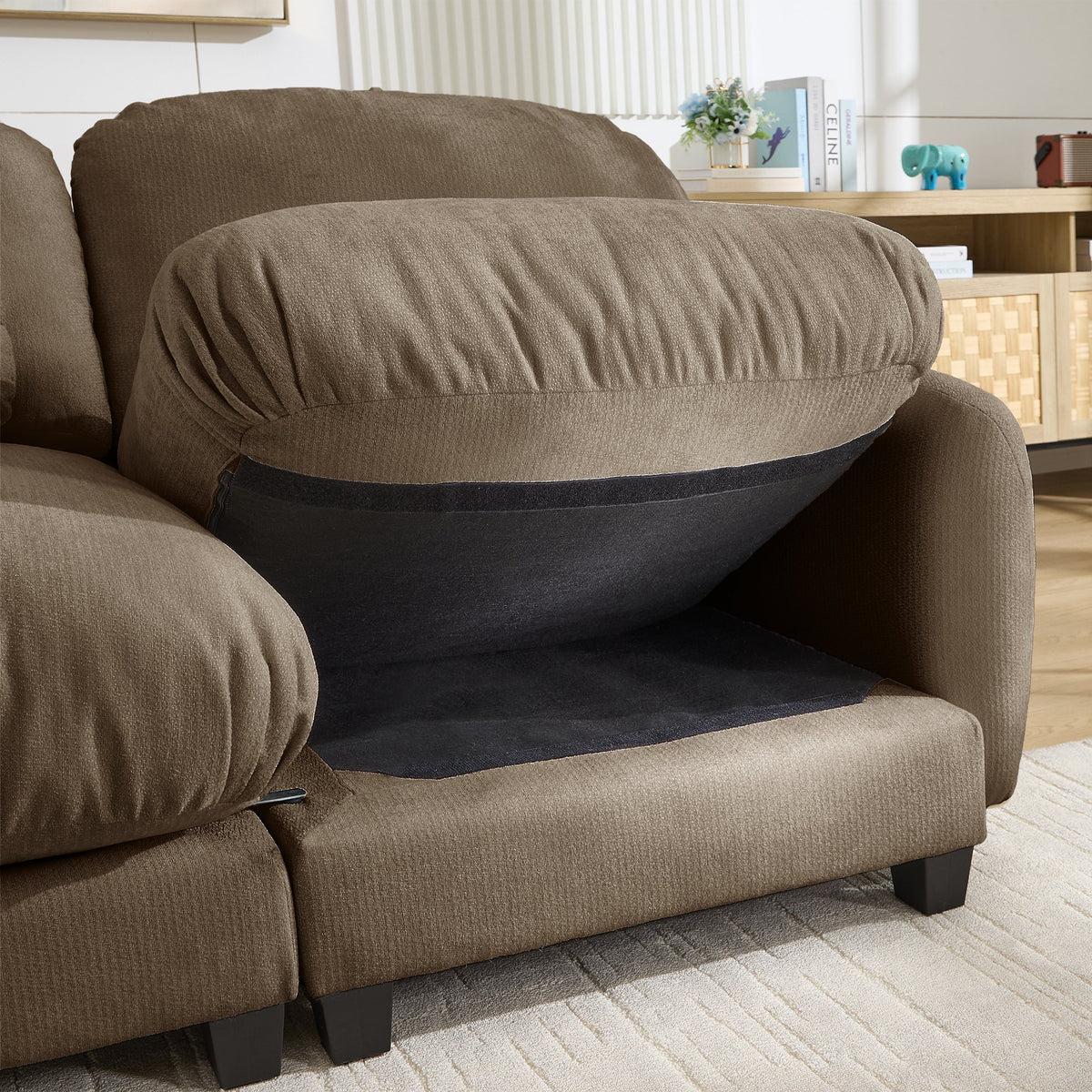 2 Seater L-Shaped Cloud Feel Sofa with Removable Ottoman, Cozy Chenille Modular Couch Set, Deep Seat Free Combination Furniture for Small Living Room, Brown