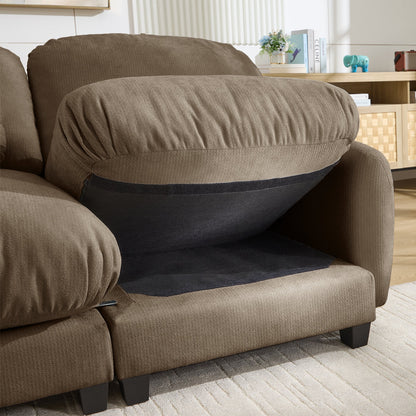 2 Seater L-Shaped Cloud Feel Sofa with Removable Ottoman, Cozy Chenille Modular Couch Set, Deep Seat Free Combination Furniture for Small Living Room, Brown