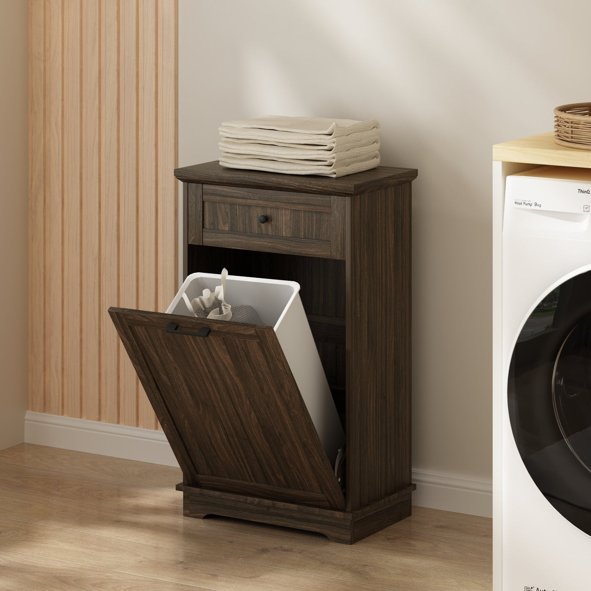 10 Gallon Tilt Out Trash Cabinet Freestanding Trash Bin Cabinet Wood Garbage Recycling Cabinet with Hideaway Drawer Pet Proof Trash Can Holder for Kitchen Living Room, Antique Brown (not include can)