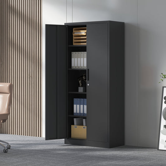 71" H Metal Garage Storage Cabinet, Black Tool Steel Locking Cabinet with Doors and 4 Shelves
