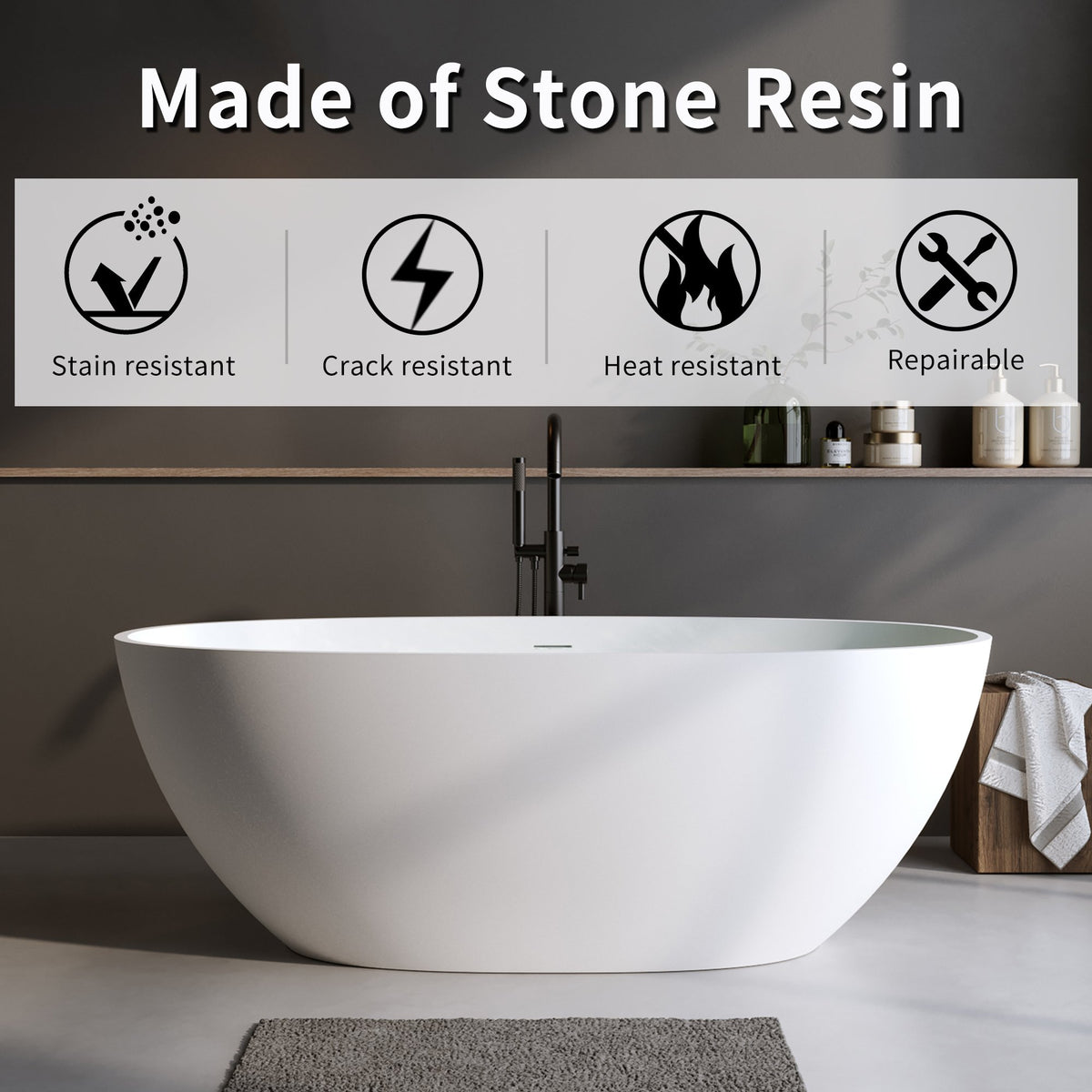 63″Solid Surface Matte Tub, Solid Surface Soaking Tub, Stone Resin Freestanding Bathtub, Thick Edge Stand Alone Tubs with Overflow