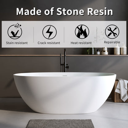 63″Solid Surface Matte Tub, Solid Surface Soaking Tub, Stone Resin Freestanding Bathtub, Thick Edge Stand Alone Tubs with Overflow