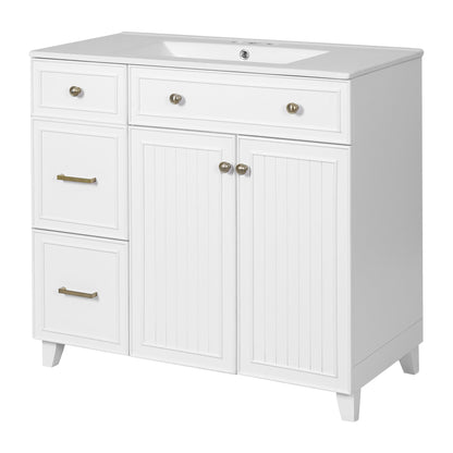 36" Modern Bathroom Vanity with Ceramic Sink, Soft Close Doors, Adjustable Shelves, Solid Wood Frame+MDF