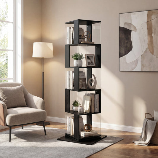 5 tier Rotating Bookshelf, Floor Rack Simple Bookcase with Acrylic plate Student Multi-Function Creative Bookshelf for Living Room with