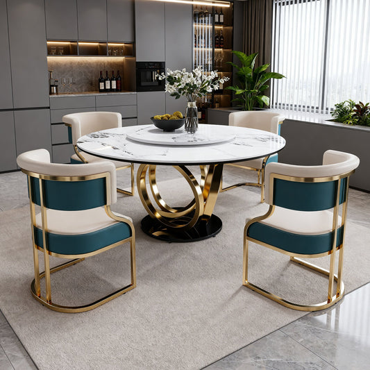 59" Round Dining Set with 360° Rotating Lazy Susan, Scratch & Heat‑Resistant Sintered Stone Tabletop, 4 Gold‑Plated Iron Thick Cushion Chairs for Dining Room, Kitchen, Compact Space W2699S00147