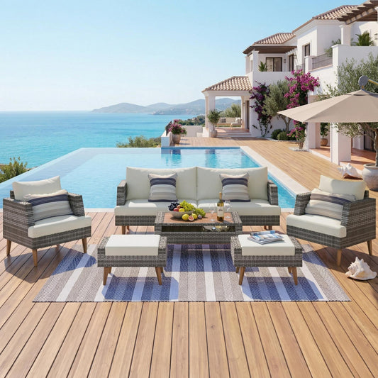 <Old SKU: FG201219AAA> 6-Pieces All Weather PE Wicker Sofa Set, Outdoor Rattan sofa With Double Cushions, Wood Legs Wood Table Top