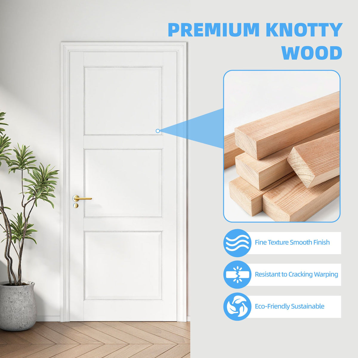28" X 80'Primed Slab Door 3-Paneled Solid Core Wood Standard Door for Pantry Doors, French Doors, Pocket Doors