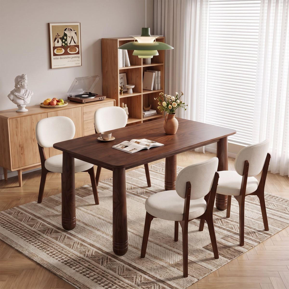 63" Solid Wood Dining Table Set with 4 Upholstered Chairs, Farmhouse Dinner Table Set of 5 Piece with Walnut Finish & Beige Chenille Seats, Heavy-Duty Support up to 1000 lbs, Easy Assembly