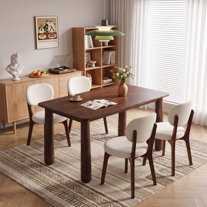 63" Solid Wood Dining Table Set with 4 Upholstered Chairs, Farmhouse Dinner Table Set of 5 Piece with Walnut Finish & Beige Chenille Seats, Heavy-Duty Support up to 1000 lbs, Easy Assembly