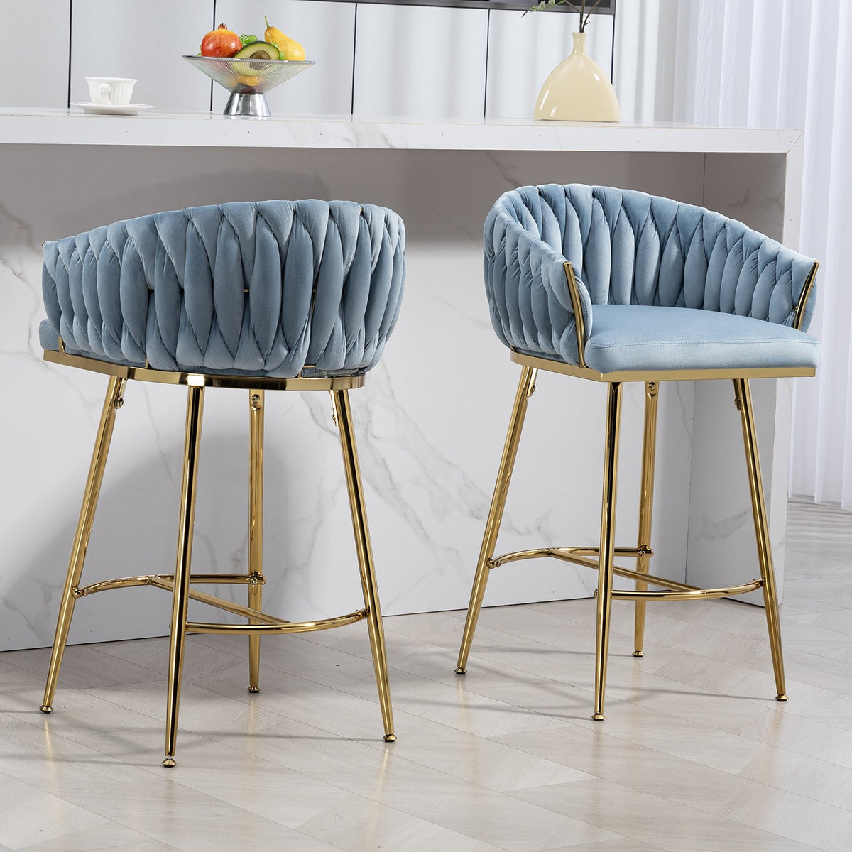 26'' Counter height bar stools Set of 2 kitchen island counter bar stool with hand- wave back, golden chromed base and footrest - Blue