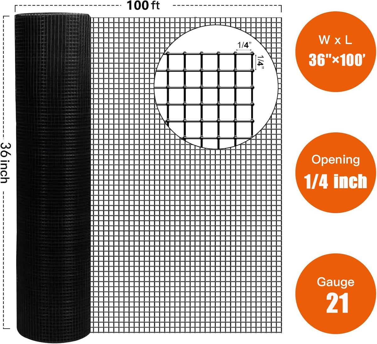 36 inch×100 ft Black Vinyl Coated Hardware Cloth, 21 Gauge 1/4 inch Black PVC Hardware Cloth, Black Welded Wire Fence Supports Poultry-Netting Cage-Home Improvement and Chicken Coop