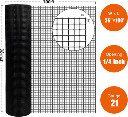 36 inch×100 ft Black Vinyl Coated Hardware Cloth, 21 Gauge 1/4 inch Black PVC Hardware Cloth, Black Welded Wire Fence Supports Poultry-Netting Cage-Home Improvement and Chicken Coop