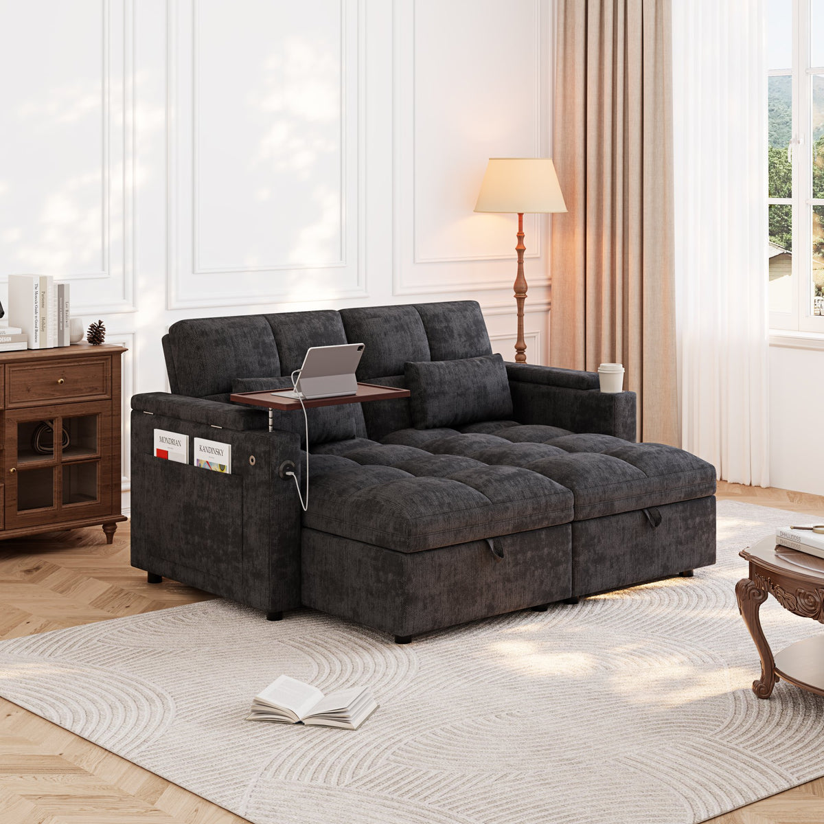 66.33" Modular Sleeper Sofa with Double Storage Chaise, 5-Position Adjustable Backrest, USB Port, Foldable Side Tray & Cup Holder, Convertible Chenille Sectional Sofa Bed for Apartment Living Room, D