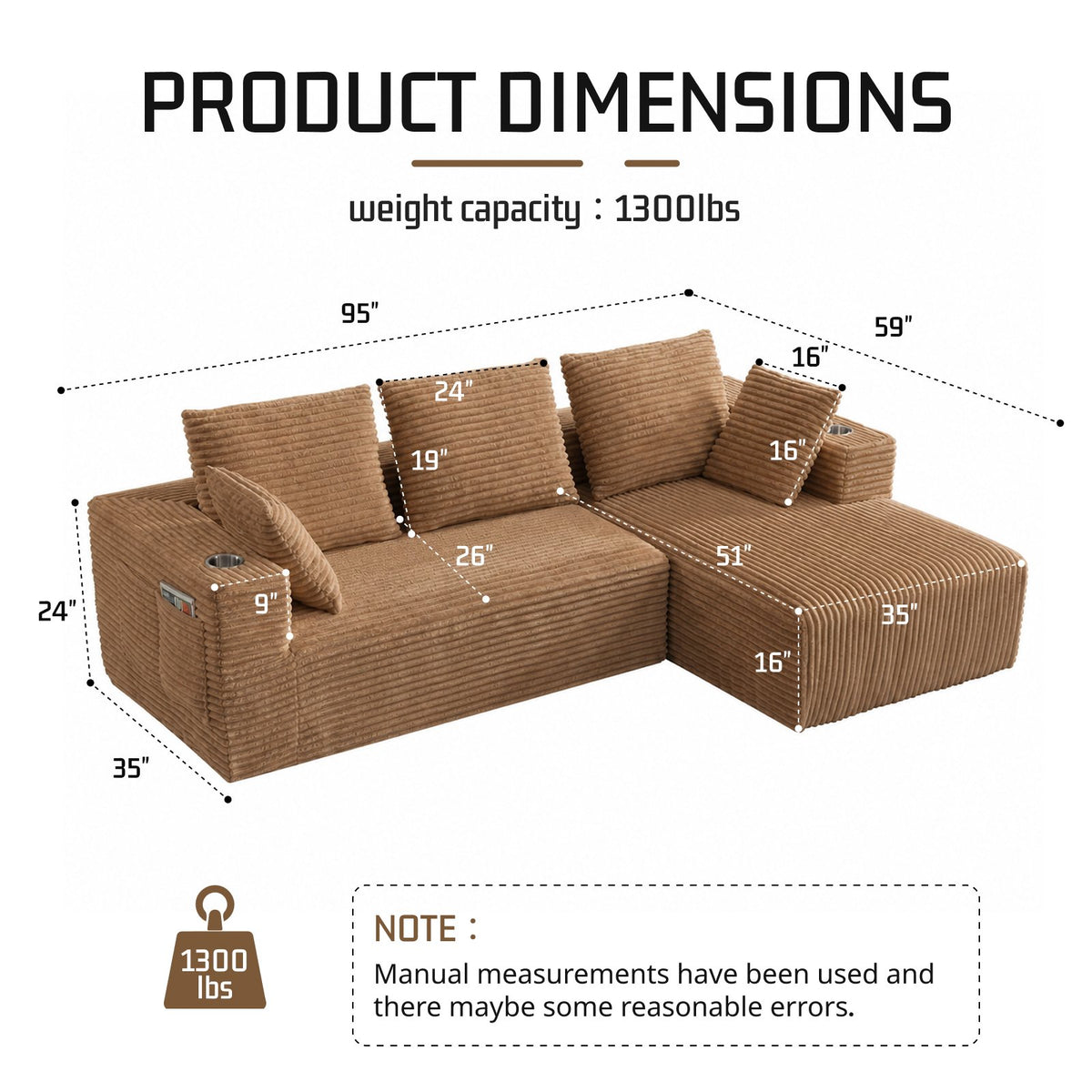 95''modular combination sofa with L-shaped lounge chair, four seater boneless design