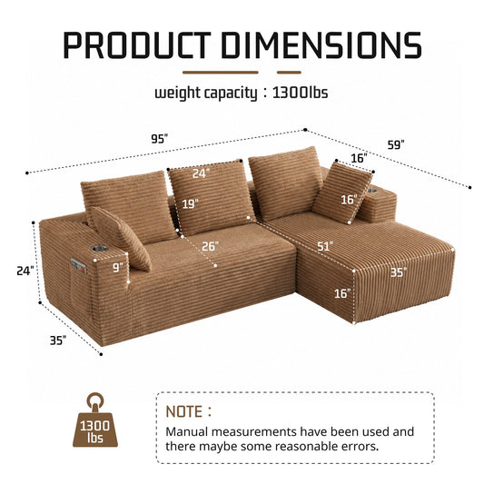 95''modular combination sofa with L-shaped lounge chair, four seater boneless design