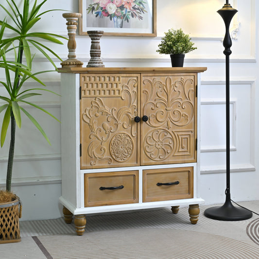 31.5" Accent Solid Wooden Flower Carved Door Sideboard Cabinet with 2 Drawers , Rustic Handmade Distressed Cabinet for Kitchen, Dining Room, Living Room