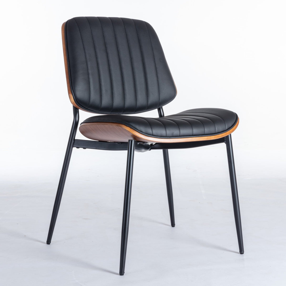 A&A Furniture, Dining Chairs Set of 2 Mid Century Modern Retro Faux Leather Chair with Walnut Bentwood Back Upholstered Seat Metal Legs – Black
