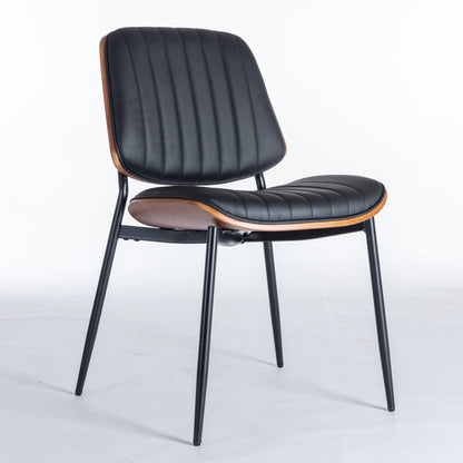 A&A Furniture, Dining Chairs Set of 2 Mid Century Modern Retro Faux Leather Chair with Walnut Bentwood Back Upholstered Seat Metal Legs – Black